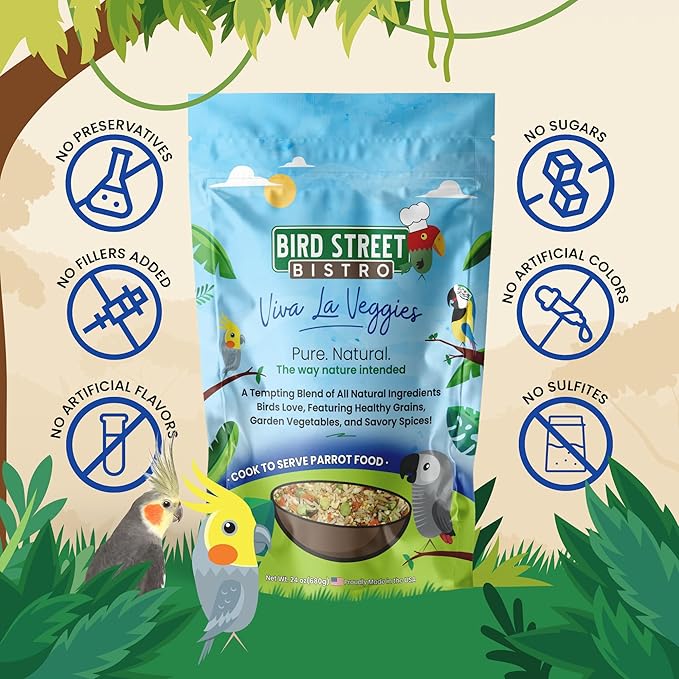 Bird Street Bistro Parrot Food for Parakeets & Cockatiels - Viva La Veggies - 24 oz - Cooks in 3-15 min, Natural Grains, Fruits & Vegetables - USA Made