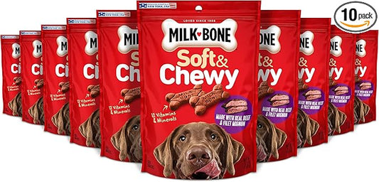 Milk-Bone Soft & Chewy Dog Treats, Made with Real Beef & Filet Mignon, 5.6 Ounce Pouch (Pack of 10)