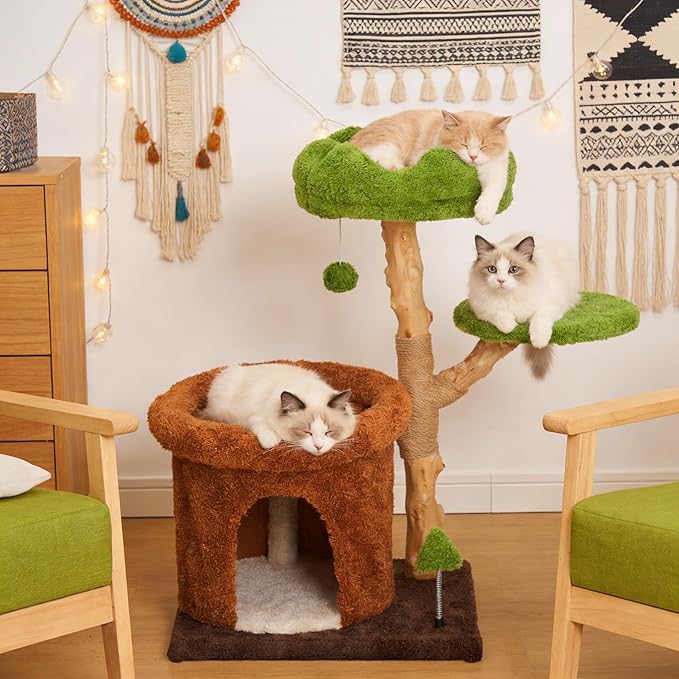 Cat Tree Tower, 32-Inch Multi-Level Natural Wooden Cat Furniture with Sisal Scratching Posts, Beds & Condo, Cute Cat Tree for Indoor Cats, Multi-Cat House Hold solds