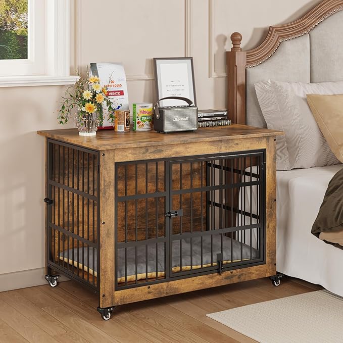 Halitaa 38.5" Dog Crate Furniture with Cushion and Wheels, Wooden Dog Kennel Indoor for Medium/Large Dogs, Farmhouse Pet Cage for Anxiety Dog, Rustic Brown (38.5" L x 25.5" W x 29" H)