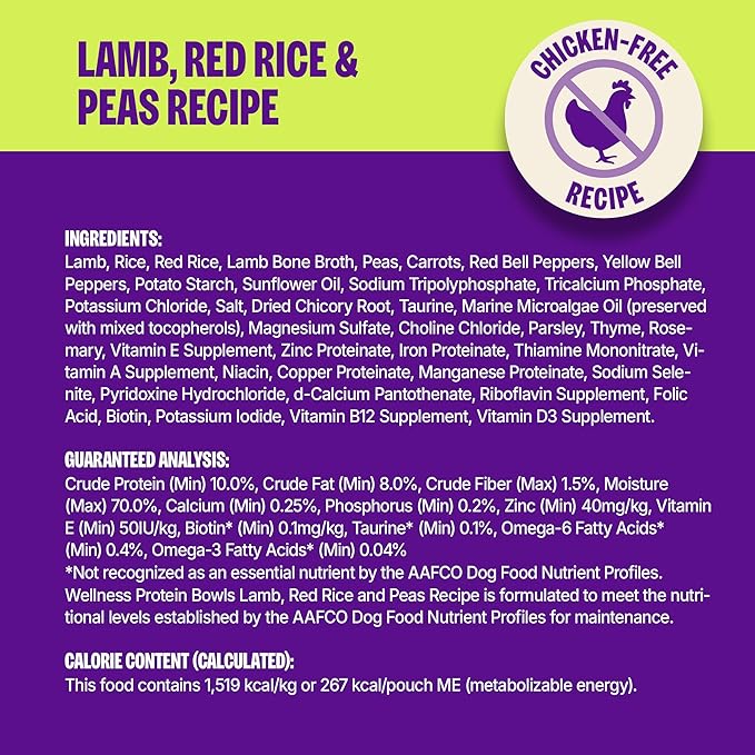 Wellness Protein Bowls Adult Wet Dog Food, Fresh Alternative, Wholesome Grains, Natural, Lamb, Red Rice, and Peas Recipe, 6.2 oz, Pack of 6 Pouches