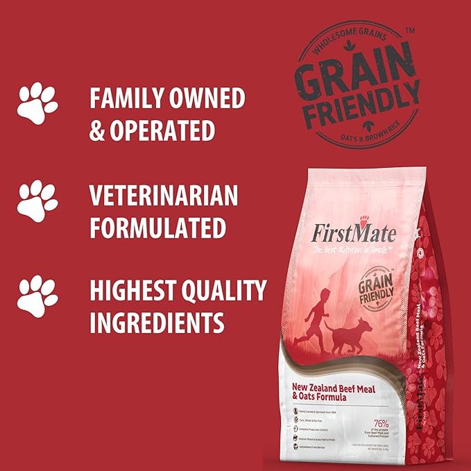 FirstMate Grain Friendly Dog Food New Zealand Beef & Oats Formula – Pasture-Raised Grass Fed Beef, Single Protein Dry Dog Food for Adult Dogs, Pea Free & Potato Free with Wholesome Grains – 25 lb Bag