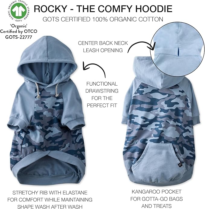 Pet Passion Rocky – The Original Lightweight Hooded Tee 100% Organic Cotton Dog Hoodie Pet Coat Sweater for All Sized Dogs, Original Navy Half Camo, Medium (20-45 lbs)