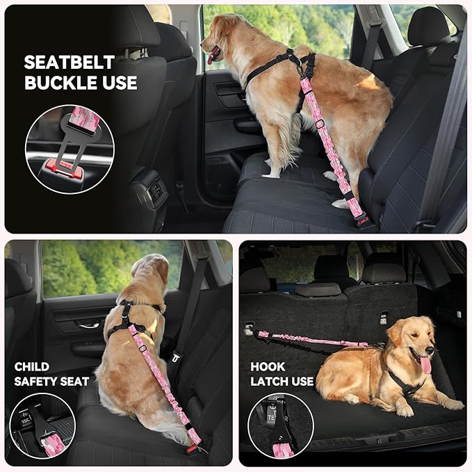 Pawaboo Dog Car Seat Belt– Reflective & Adjustable Dogs Cars Harness Leash with 360° Lockable Buckle, Shockproof Dogs Tether Bungee for Safe Travel, Pink Camouflage
