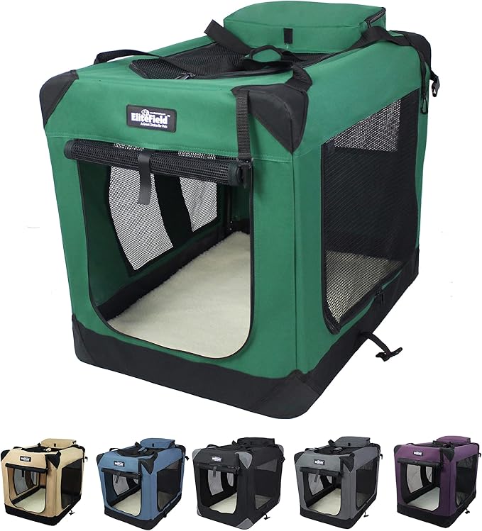 EliteField 3-Door Folding Soft Dog Crate with Carrying Bag and Fleece Bed (2 Year Warranty), Indoor & Outdoor Pet Home (36" L x 24" W x 28" H, Green)