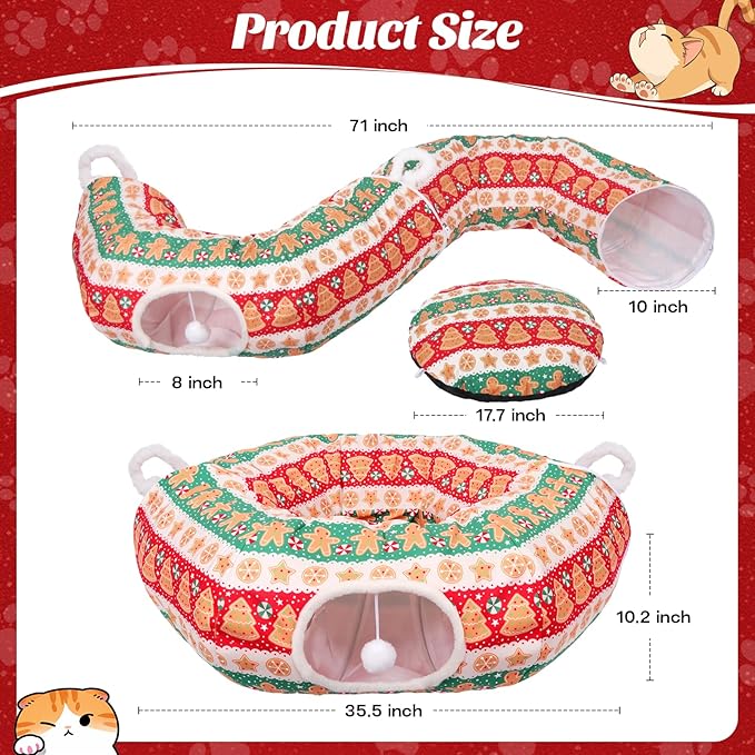 Christmas Tree Cat Tunnel, Soft Cat Tunnels for Indoor Cats with Middle Cushion, Cute Pet Donut Cave Bed Play Toys, Xmas Tree Decorations Protector Gifts