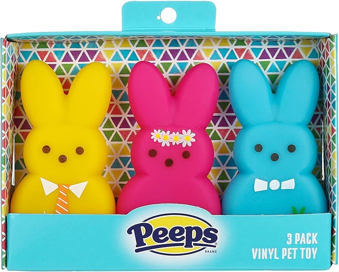 Peeps for Pets 3 Piece Dress-Up Bunnies Vinyl Dog Toys Yellow, Pink, Blue 4 inch Plastic Squeaky Dog Toys Value Pack Fun, Cute, and Squeaky Dress-Up Bunnies from Peeps