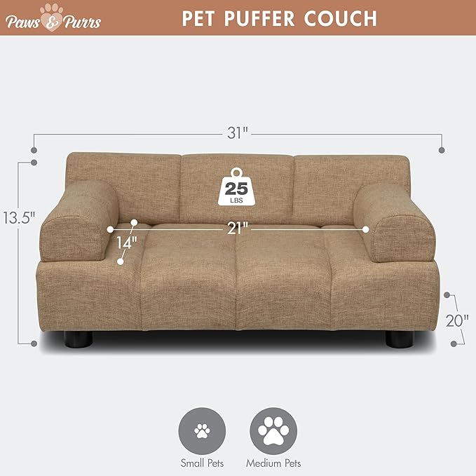 Paws & Purrs Puffer Pet Sofa Bed, Dog or Cat Couch with Tufted Cushion and Armrest, Stylish Indoor Pet Furniture, Sand