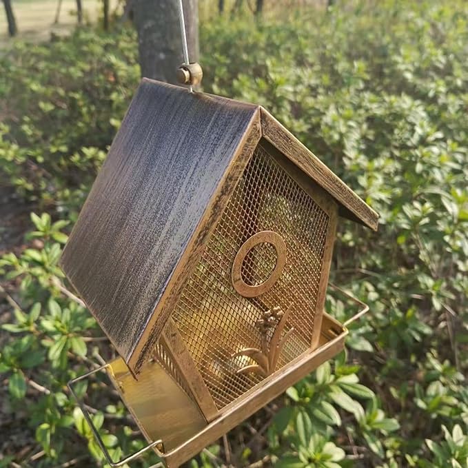 Bird Feeder Squirrel Proof - Metal Weatherproof House - Outdoor Small Bird Feeder with Buckle,for Backyard Deck Balcony Tree Yard Bluebird Finch Birding Feeding