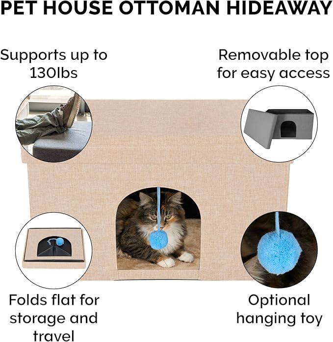 Furhaven Pet House for Indoor Cats & Medium/Small Dogs, Collapsible & Foldable w/Plush Ball Toy - Living Room Ottoman Cat Condo - Sand, Large