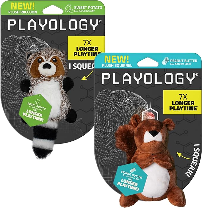 Playology Dog Toys | Plush Raccoon & Squirrel Stuffed Animal for Dogs, Value 2-Pack | Small Peanut Butter & Sweet Potato Scented Squeaky Toys | Plush Chew Toy for Dogs