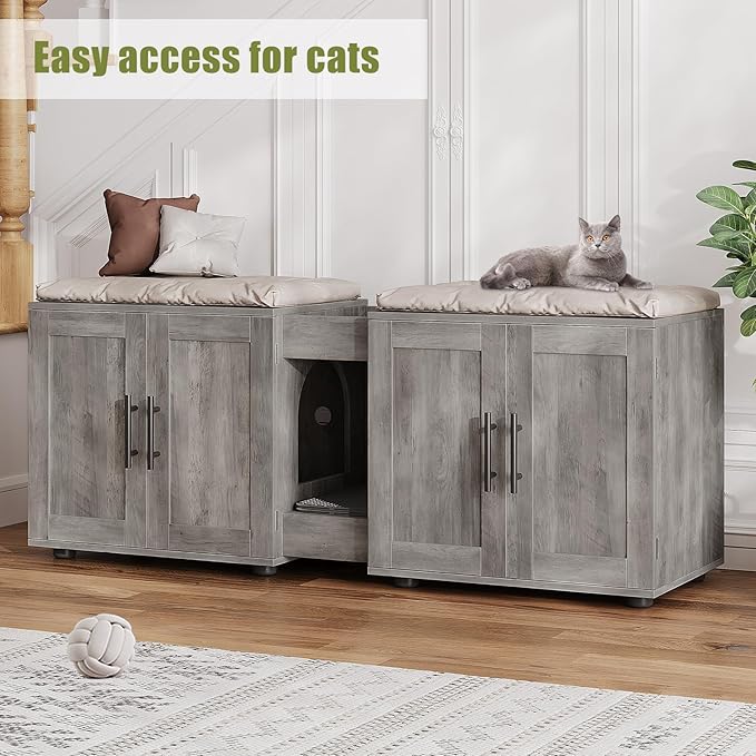 Cat Litter Box Enclosure for 2 Cats,55" Large Hidden Litter Box Furniture with Barn Door & Double Rooms,Modern Indoor Pet House TV Stand Side Table,Cats Washroom,for Bedroom Living Room,Grey