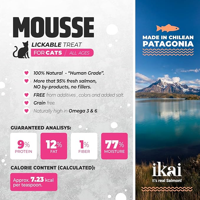 IKAI - Lickable Wet Cat Treats - Patagonian Salmon from Chile, No By-Products, Highly Digestible Protein, with Omega 3 & 6 for Healthy Skin & Glossy Coat - 2.11 oz (1 Pack, Salmon & Shrimp)
