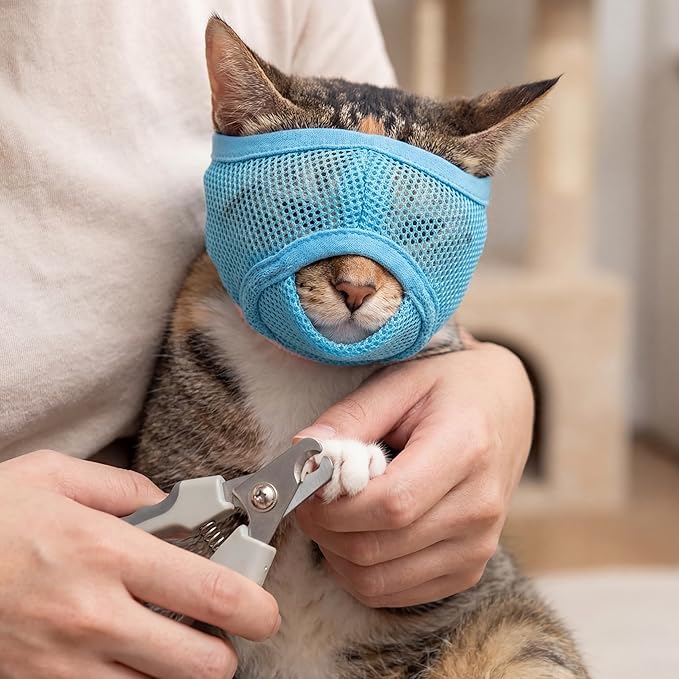 PUMYPOREITY 2 Pack Cat Calming Muzzle, Soft Breathable Mesh Cat Head Cover with Adjustable Strap, Calming & Anti-Bite Design for Grooming, Nail Trimming, Bathing and Vet Visits, Small, Blue