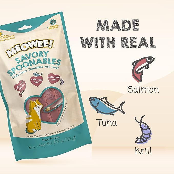MEOWEE! Savory Spoonables with Real Salmon, Tuna & Krill, 8 Count Tube, Triple Flavor Squeezable Lickable Wet Treats for Cats with Built-in Spoon for Less Mess
