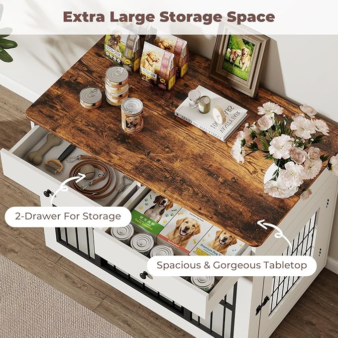 40 inch Dog Crate Furniture-Farmhouse Dog Kennel with Drawers-Heavy Duty End Table Wooden Pet Crate, Decorative Dog House Indoor for Small Medium Large Dog, White