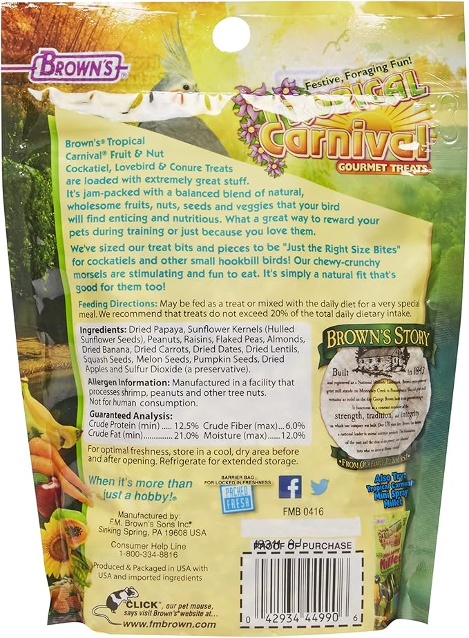 F.M. Brown's Tropical Carnival Fruit and Nut Cockatiel Treats - Fruits, Nuts, Seeds and Veggies - 8 oz
