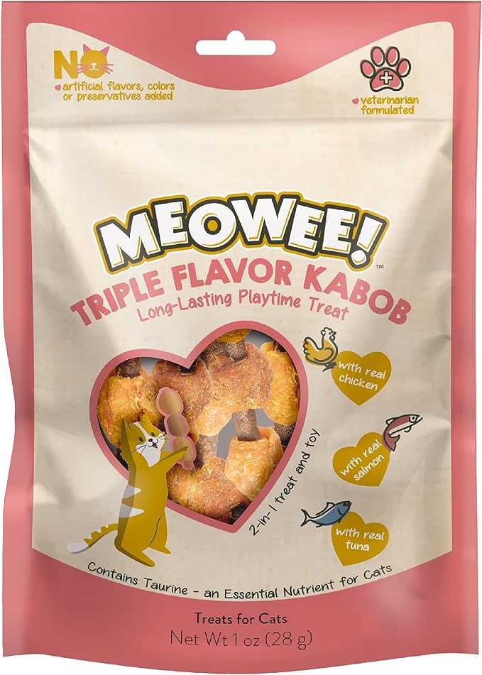 MEOWEE! Triple Flavor Kabobs Cat Treat, 1 Ounce Bag, Long-Lasting Playtime Treat for Cats Made with Real Chicken, Salmon & Tuna