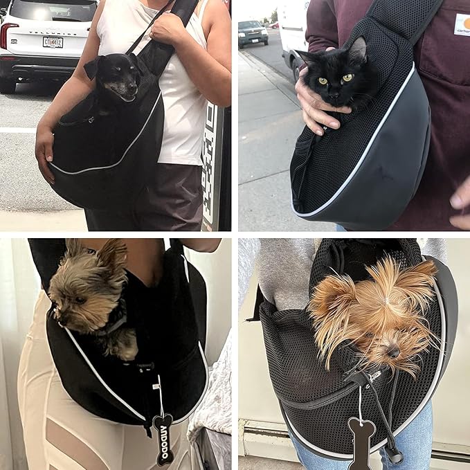 YUDODO Pet Sling Carrier for 10-15 lbs Small Dogs & Cats – Hands-Free Puppy Carrier with Safety Hook, Large Zipper Pocket, Soft Breathable Mesh, Adjustable Strap & Reflective Strip (Black 2.0 L)