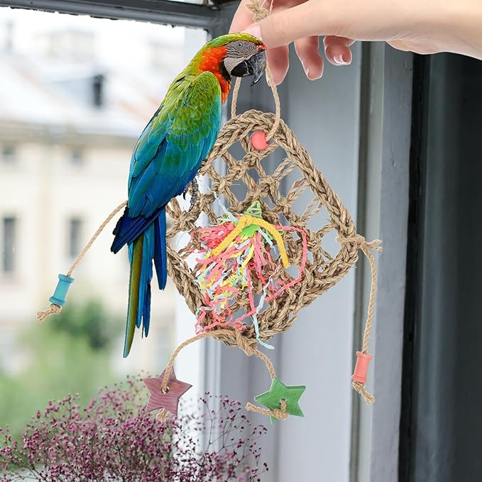 Natural Woven Seagrass Bird Hanging Hammock for Cockatiels Parakeets Bite-Resistant Climbing and Chewing Foraging Plaything Cage Accessory