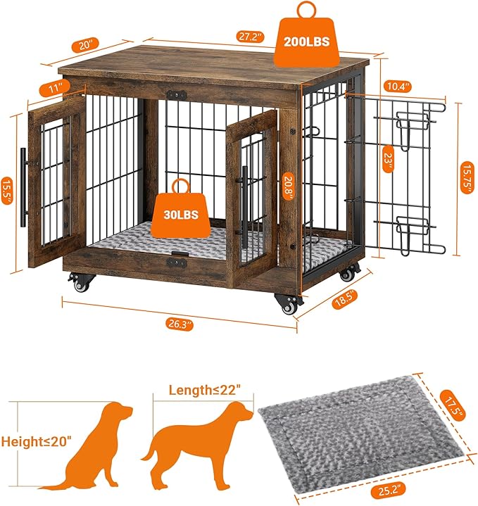 YaFiti Dog Crate Furniture with Cushion, Wooden Dog Kennel Indoor with Double Doors, Dog Cage with Wheels, Dog House Side End Table for Small Dogs up to 30 lb, 27.2" L, Rustic Brown