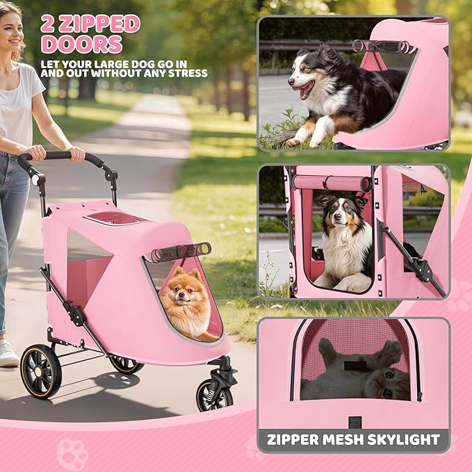 Magshion Pet Stroller for Medium Dogs w/Adjustable Handle, 3-Wheel Dog Cat Wagon w/Dual Entry, Rear Storage, Breathable Mesh, One-Foot Brake, Ideal for Large Pets up to 55 lbs, Pink