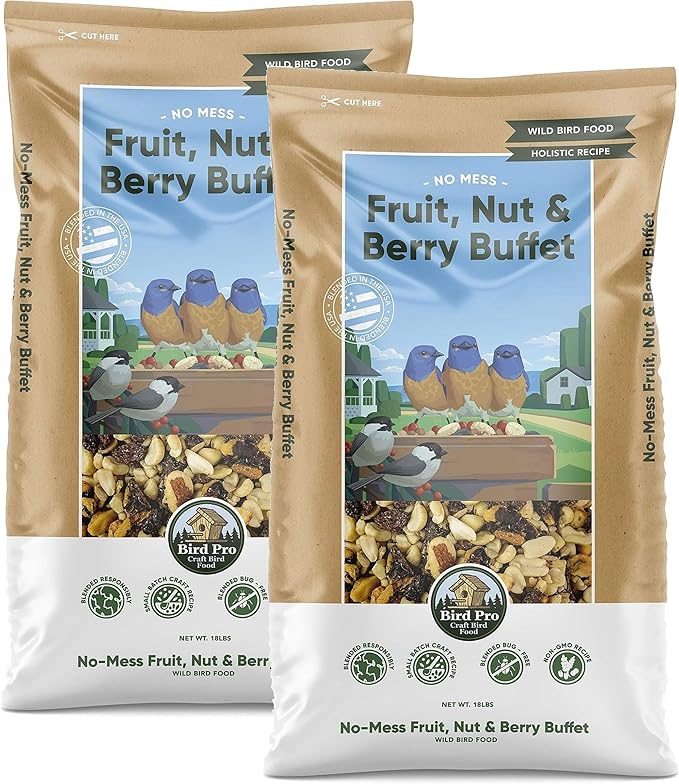Bird Pro No-Mess Fruit, Nut & Berry Buffet – Super-Premium Wild Bird Food Mix with Almonds, Walnuts, Pecans, Pistachios, Raisins, Cherries & Cranberries – Zero Fillers, 100% Edible (36 Pounds)