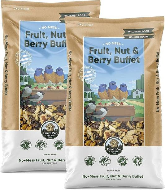 Bird Pro No-Mess Fruit, Nut & Berry Buffet – Super-Premium Wild Bird Food Mix with Almonds, Walnuts, Pecans, Pistachios, Raisins, Cherries & Cranberries – Zero Fillers, 100% Edible (36 Pounds)