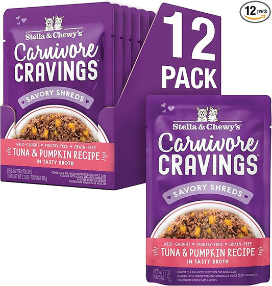 Stella & Chewy's Carnivore Cravings Wet Cat Food - Premium Pouches - Grain Free, High Protein Tuna & Pumpkin - Perfect for Picky Eaters - Complete Meal or Topper (2.8 oz, 12 Pack)