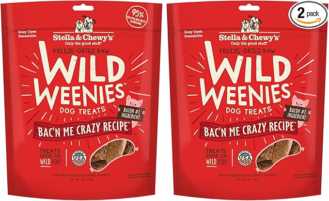 Stella & Chewy's Freeze-Dried Raw Wild Weenies Dog Treats - High-Protein Training Treats for Dogs & Puppies - All-Natural Bacon Recipe with 95% Meat & Organs - USA Made - 3 oz Bag (Pack of 2)