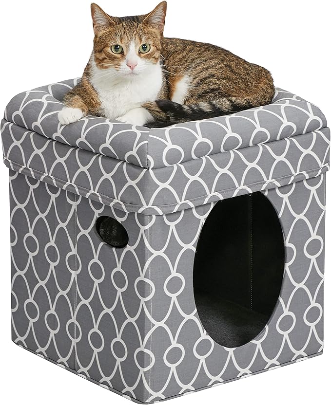 MidWest Homes for Pets Feline Nuvo Curious Cat Cube, Foldable Cat Hideout with Toy, Bolstered Bed Top, Gray Geo Print, Faux Fur