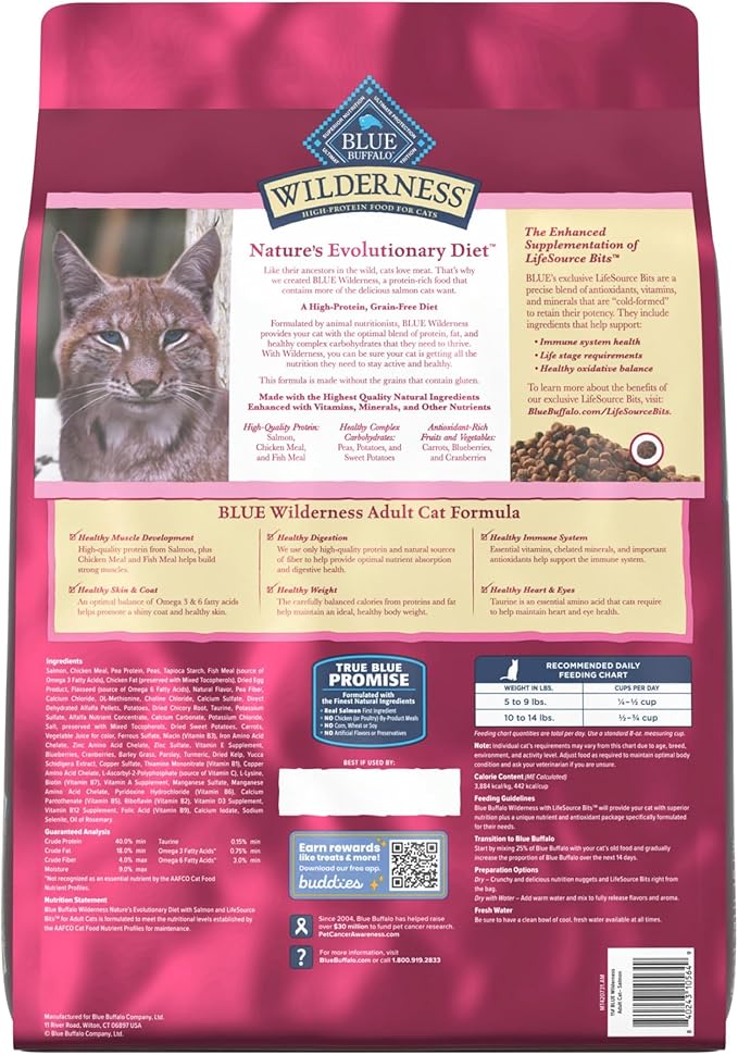 Blue Buffalo Wilderness Natural High Protein, Grain Free Dry Food for Adult Cats, Salmon, 11-lb Bag