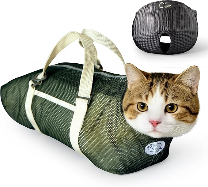 Cinf Cat Bathing Bag(Free Muzzle) Breathable Mesh Anti Scratch Adjustable Cat Grooming Bag for Nail Trimming, Bathing Soft Cat Washing Bag(Moss Green) M