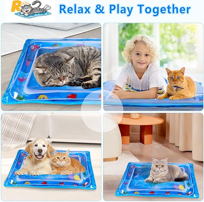 Extra-Thick Cat Water Mat with Protective Cover, Leak-Proof Interactive Water Sensory Play Bed for Indoor Cats & Kittens, 20x28 Inch, Summer Cooling Pet Pad
