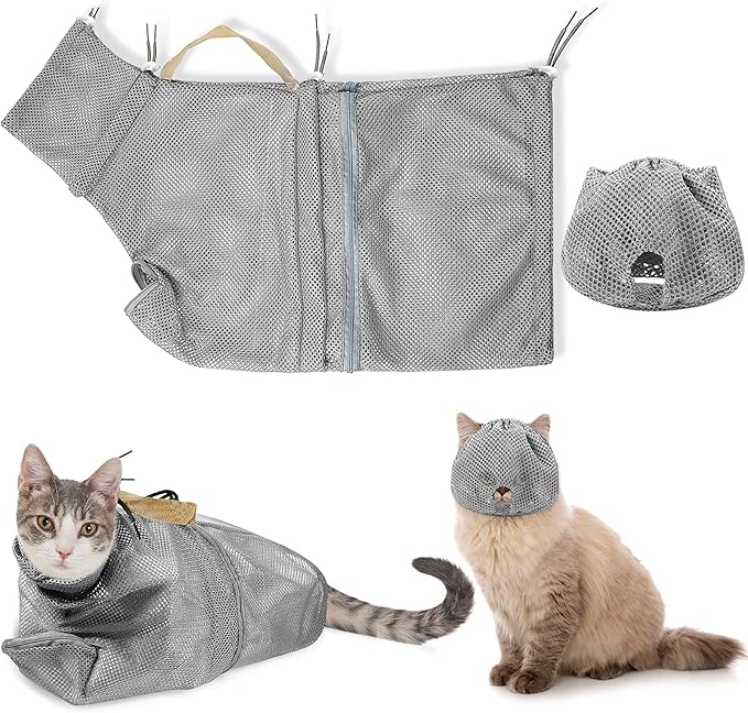 2 Pieces Cat Grooming Washer Mesh Bag Cat Muzzles Breathable Mesh Muzzles Adjustable Kitten Scratch Resistant Kitty Restraint Clothes Kitty Bath Bag for Bathing Nail Trimming Feeding(Gray)