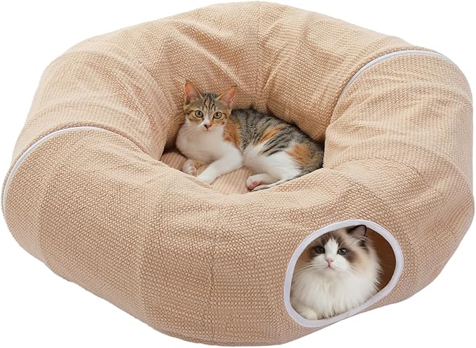 PEQULTI Cat Donut Tunnel with Bed for Indoor Cats, Cat Play Tunnel with Washable Soft Plush Mat, Round Tube Toys Cute Tube for Kittens, Puppies, Rabbits and Ferrets, Beige