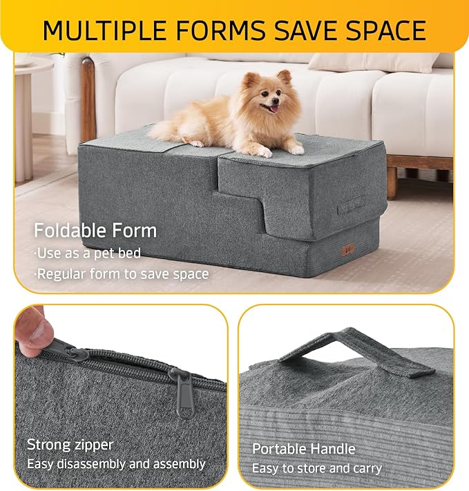 ABCPET Dog Steps for High Bed Dog Stairs Ramps and Extra Wide Steps for Bed Foam Stairs for Couch Sofa 35D Strong Support Pet Stairs Non-Slip Bottom Pet Steps for Small Dogs and Cats, Grey, 4 Steps