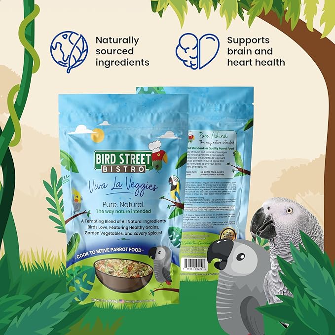 Bird Street Bistro Parrot Food for Parakeets & Cockatiels - Viva La Veggies - 24 oz - Cooks in 3-15 min, Natural Grains, Fruits & Vegetables - USA Made