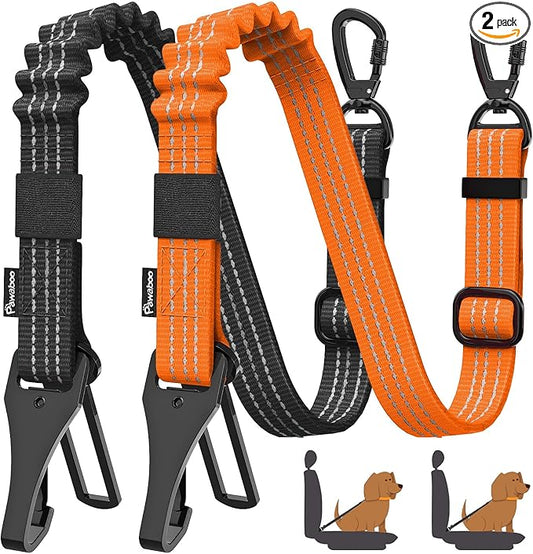 Pawaboo 2Pack Dog Seatbelt for Car, 3-in-1 Dog Car Seat Belt, Shockproof Dogs Tether with Buckle & Hook Latch, Adjustable Reflective Dogs Cars Harness Leash with 360° Lockable Buckle, Orange/Black