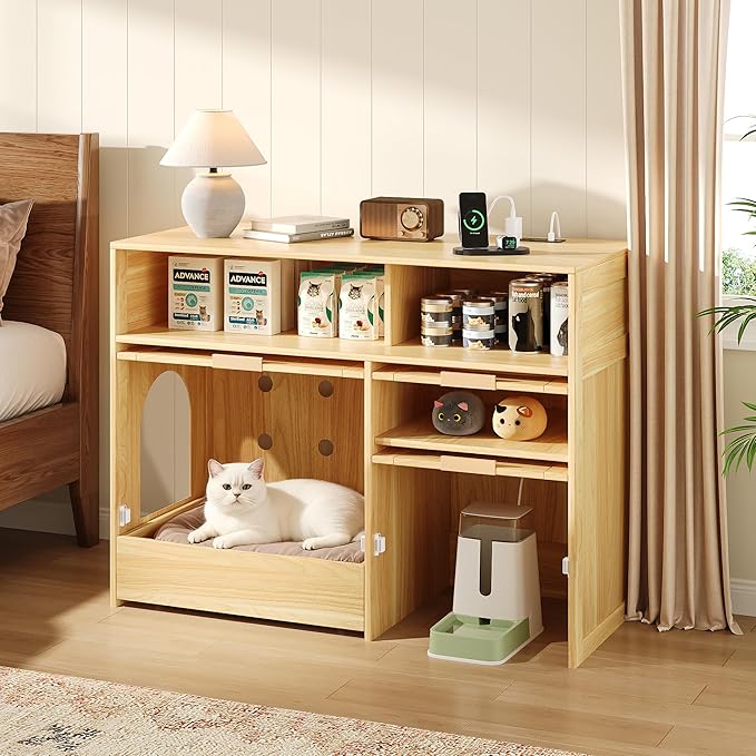 Einhomn Cat Litter Box Furniture 42'' Hidden Enclosure with Litter Drawer, Litterbox Cabinet with Storage, Boho Rattan Style Indoor Cat House Washroom, Fits Most of Litter Boxes
