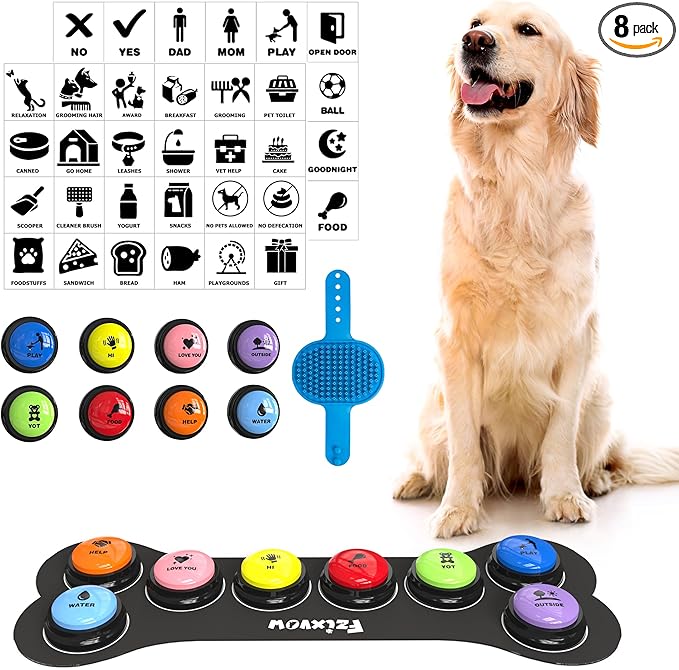 Dog Buttons Talk,Updated 8 Pack Dog Communication Buttons,Recordable Talking Training Buttons for Dogs,30 Seconds Voice Dog Speaking Buttons with Dog Bath Brush Set