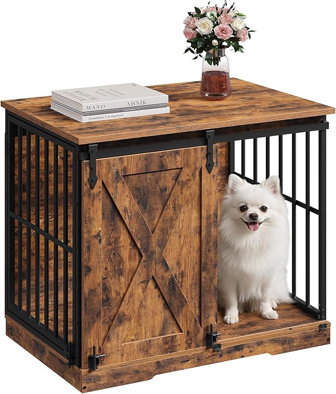 MAHNACRIS 31.5" Farmhouse Dog Crate Furniture with Barn Door, Heavy Duty Dog Kennel for Small Medium Dogs, Wooden Dog Cage End Table, Decorative Pet House, Chew Resistant, Rustic Brown DCHR8001