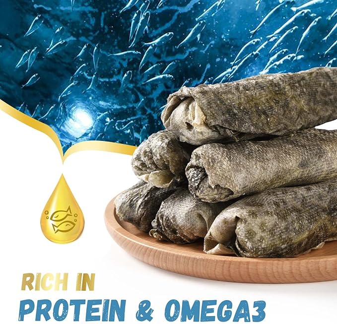 Pawmate Dog Treats Natural Cod Skin Rolls, Rawhide-Free Chewy Fish Skin Dog Chews for Medium Large Breeds, One-Ingredient Healthy Training Treats Rich in Omega3 & Protein, 10.6 oz