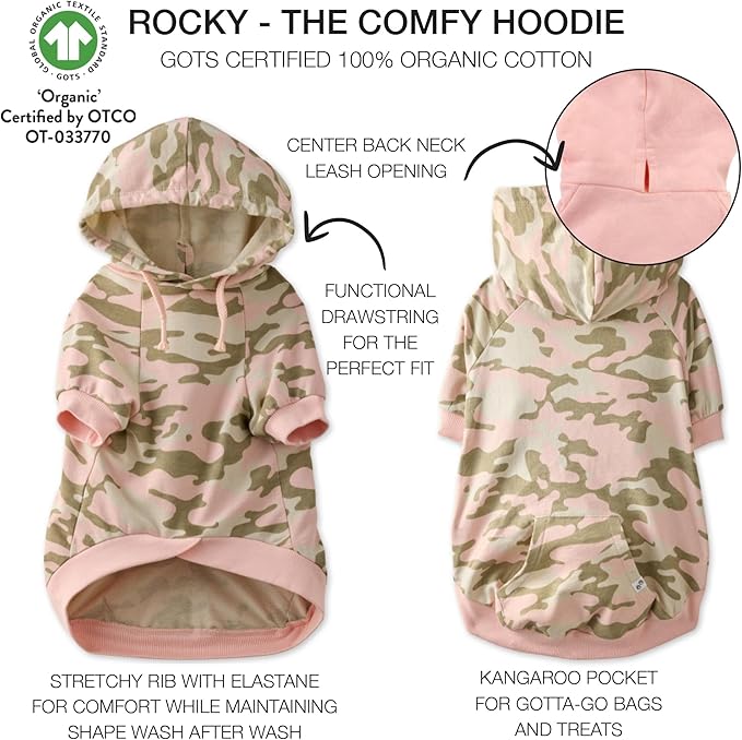 Pet Passion Rocky – The Original Lightweight Hooded Tee 100% Organic Cotton Dog Hoodie Pet Coat Sweater for All Sized Dogs, Pink Camo, Large (40-60 lbs)
