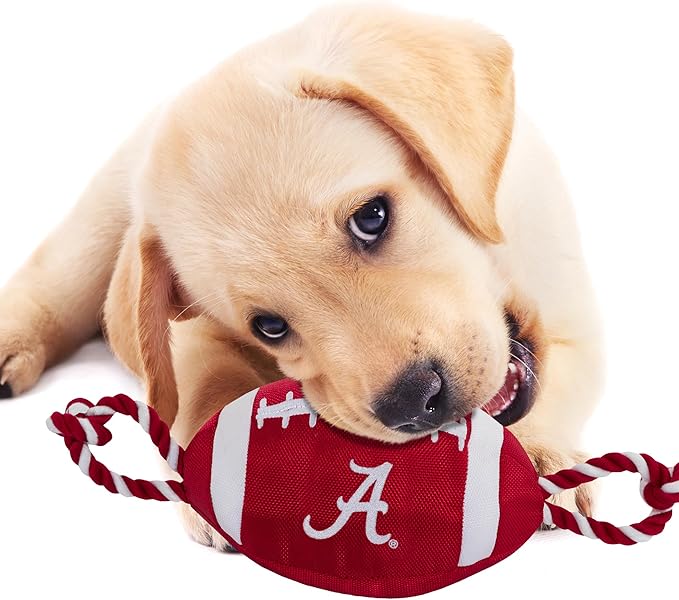 NCAA Alabama Crimson Tide Football Dog Toy, Tough Quality Nylon Materials, Strong Pull Ropes, Inner Squeaker, Collegiate Team Color