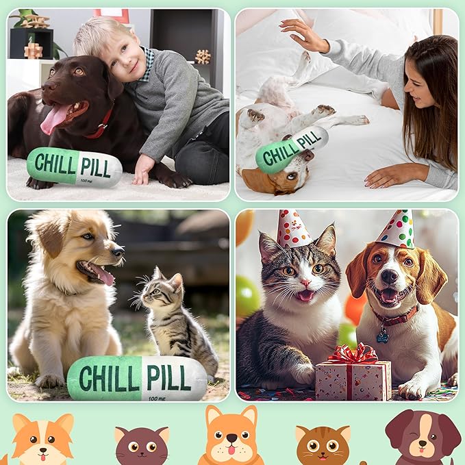 CUweipeng Dog Squeaky Chew Toy - Green Chill Pill Capsule Stuffing Teething Squeak Soft Plush Pet Puppy Toy Supplies Outward Hound Small Medium Large Breed Crinkle Dog Aggressive Chewer Keep Them Busy