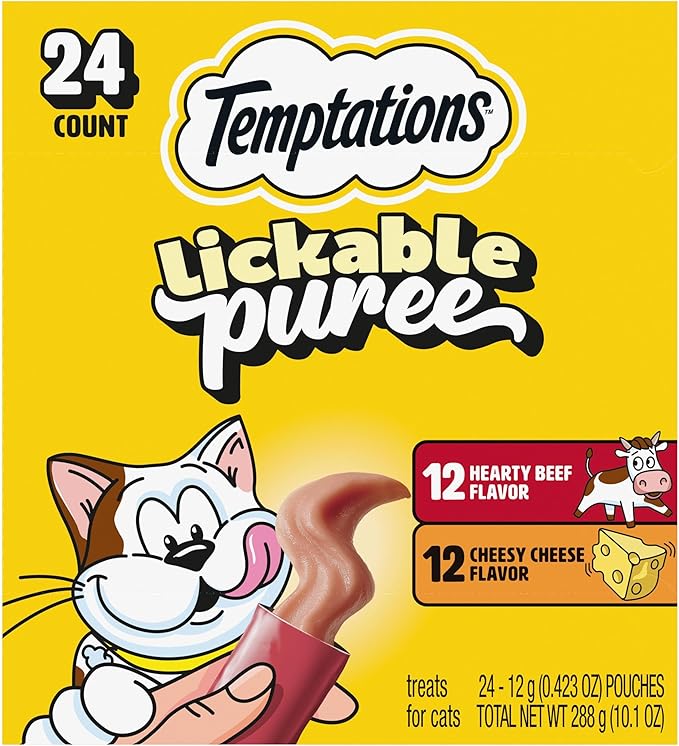 Temptations Creamy Puree Squeezable Lickable Cat Treats, Wet Cat Treats with Beef Liver and Cheese Variety Pack, 0.42 oz. Tubes, 24 Count
