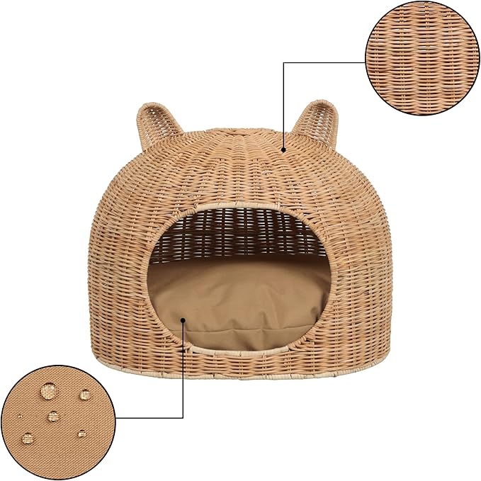 CBD1000B Cat Ear 20" x 14.5" Handwoven Water Hyacinth Pet Bed, Wicker Cat Hideaway Dome with Machine-Washable Cushion, Coastal Woven Pet House for Cats and Small Dogs, Light Brown