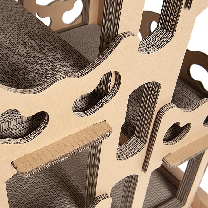 Furhaven Cardboard Cat House Tower Playground, Multi-Level Cat Tree Hideout Scratcher with Catnip