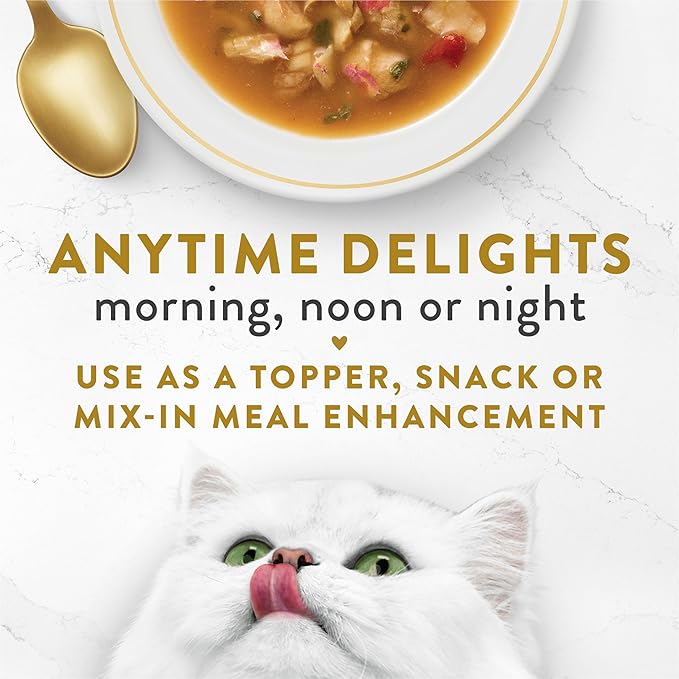 Purina Fancy Feast Broth Seafood Bisque Complement Variety Pack Gourmet Grain-Free Lickable Cat Food Topper, Pack of 12, 1.4 oz. Pouches